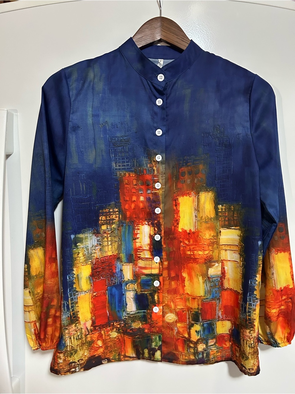 Vintage Multicolor Avant Garde City Scape Button Up Print Shirt S M UnBranded